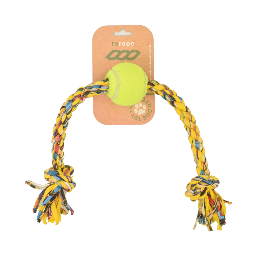 ReRope Medium Knotty with Tennis Ball Upcycled Fabric Rope Dog Toys