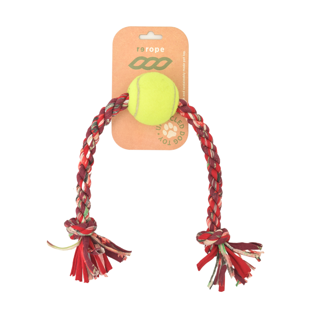 ReRope Medium Knotty with Tennis Ball Upcycled Fabric Rope Dog Toys