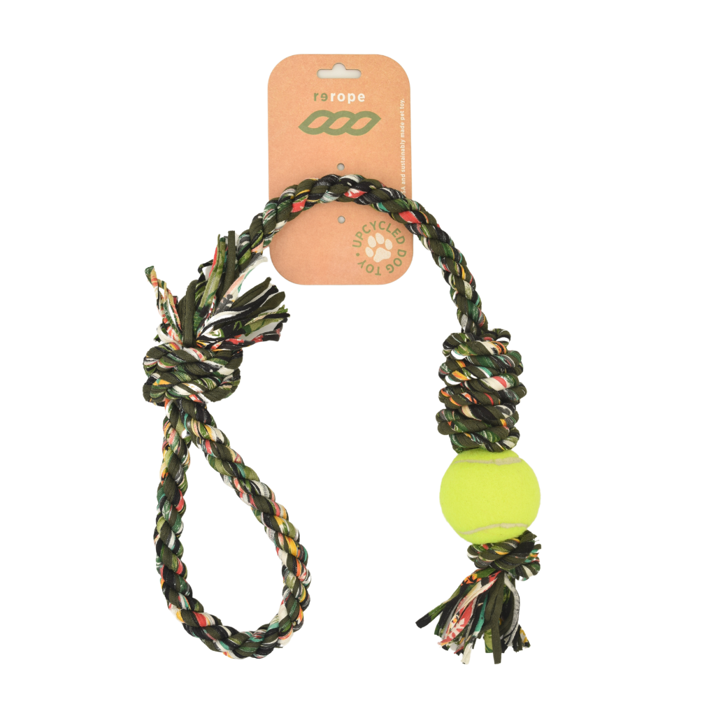 Rerope Looper Barrel with Tennis Ball Upcycled Textile Rope Dog Toys